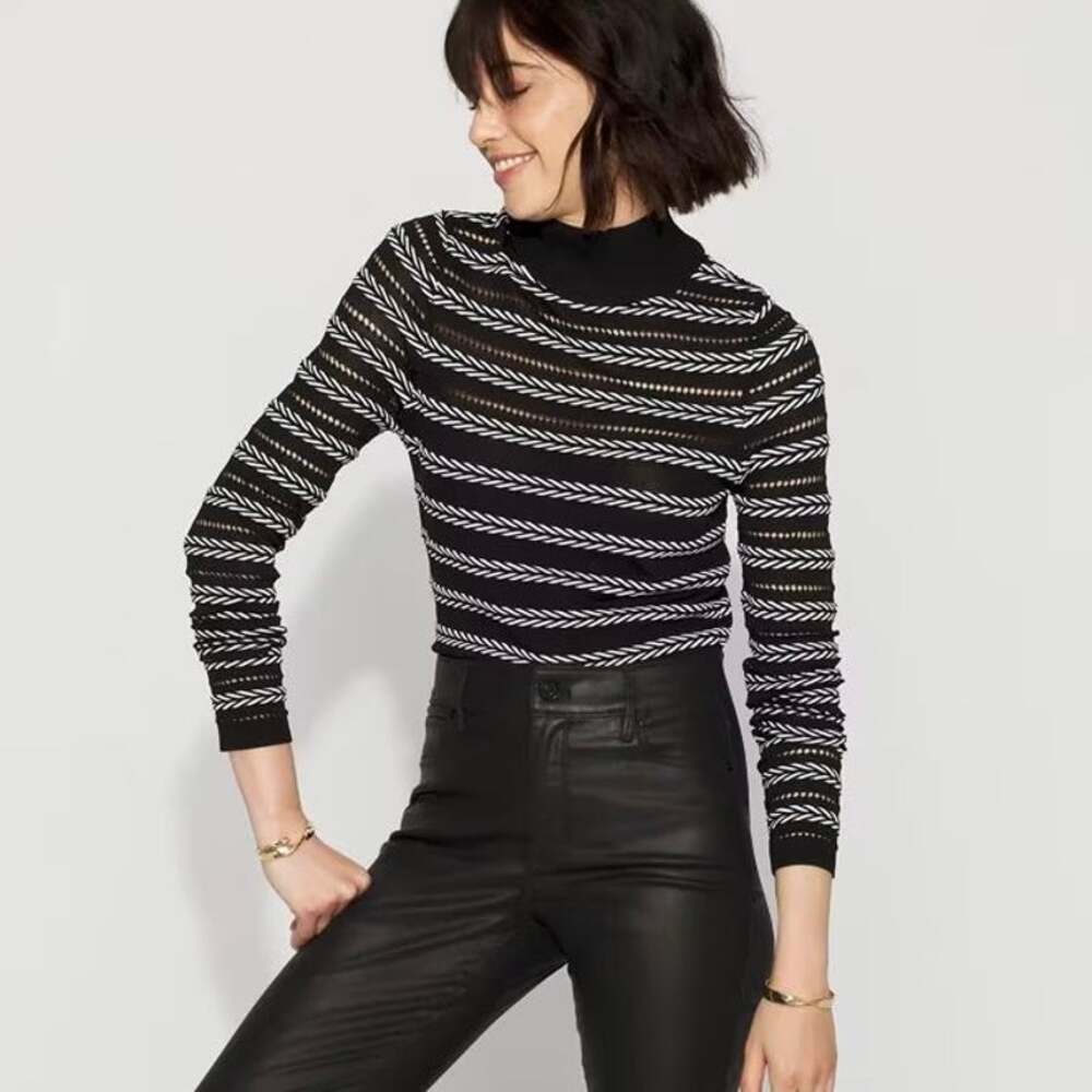 WHBM Rib Knit Mock Neck Sweater Black White Pointelle Stitch Chevron Size Large